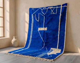 Blue Abstract Beni Ourain Rug, Moroccan Wool Area Rug