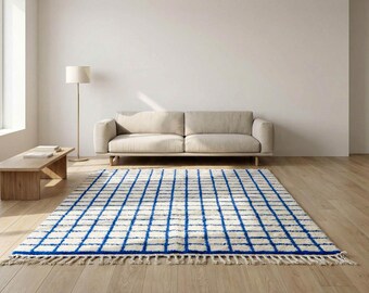 Blue Grid Moroccan Rug – Handmade Beni Ourain Wool Rug, Modern Berber Design