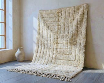 Minimalist Ivory Beni Ourain Rug, Moroccan Wool Shag Carpet, Textured Berber Design