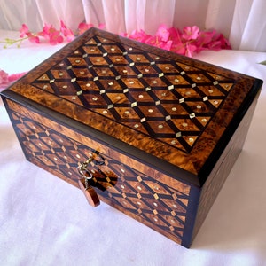 Wood Jewelry Box 12&quot;x8&quot;, Large Handmade Thuya Wood Burl Engraved Jewellery Box, Wedding Keepsake Memory Box, Watch Box For Men & Women