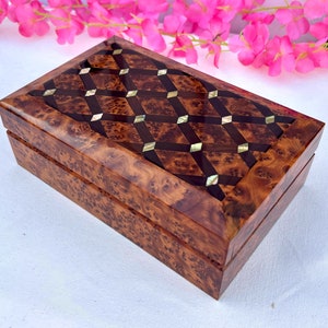 Handcrafted Thuya Burl Wooden Jewelry Box -Handmade Small Jewelry Box 8x5in ,Decorative Storage Box For Women, Solid Thuya wood jewellry Box