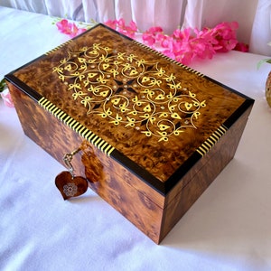 Large Handmade Keepsake Jewelry Box 12&quot;x8&quot;, Moroccan Hand Carved Thuya Wood Burl Wedding Memory Chest, Jewelry Storage Organizer Box