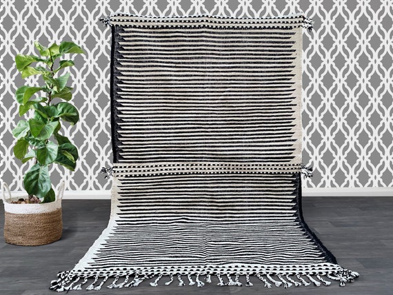 Striped Moroccan Rug 4.1x8.2 ft – Handmade Wool Beni Ourain Carpet – Black & White Minimalist Berber Area Rug