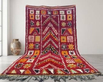 Vintage Moroccan Boujaad Rug 6x10 FT, Red Tribal Berber Carpet, Boho Design