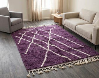 Purple Beni Ourain Rug – Handmade Moroccan Wool, Geometric Berber Pattern, Plush Boho Living Room Decor