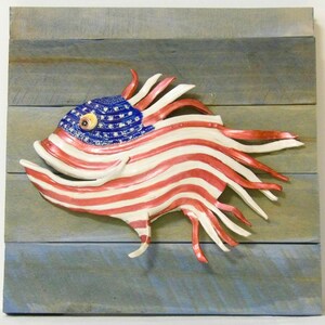 Patriotic FLAG FISH, Ceramic Scupture, Wall Art, Red, White and Blue, top mounted on gray finish slat wood frame, ready to hang. OOAK