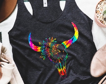 Boho Bull Skull Tie Dye Racerback Tank Top for Women, Rodeo Tank, Country Tank, Ranch Tank, Country Concert Tank, Boho Tank, Summer Tank Top