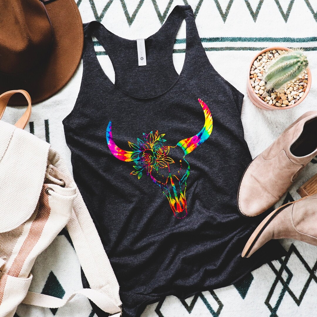 Boho Bull Skull Tie Dye Racerback Tank Top for Women, Rodeo Tank ...