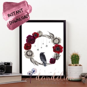 The Raven Wreath | Instant Digital Download for Printing | Gift for Crystal and Raven Lover | Unique Boho Print | SVG | PDF| PNG | jpg
