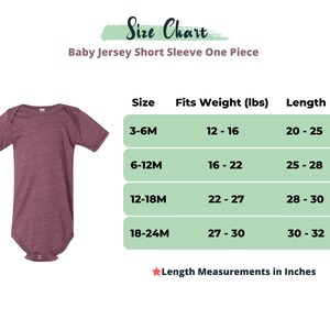 May include: A maroon baby jersey short sleeve one-piece with a size chart. The chart lists sizes 3-6M, 6-12M, 12-18M, and 18-24M, with corresponding weight and length measurements in inches. The text "Length Measurements in Inches" is also included.