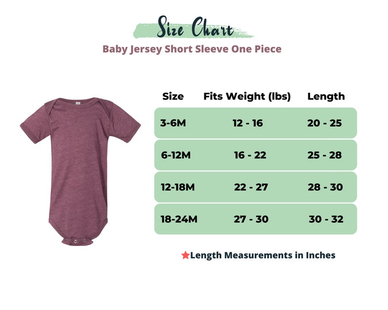 May include: A maroon baby jersey short sleeve one-piece with a size chart. The chart lists sizes 3-6M, 6-12M, 12-18M, and 18-24M, with corresponding weight and length measurements in inches. The text "Length Measurements in Inches" is also included.