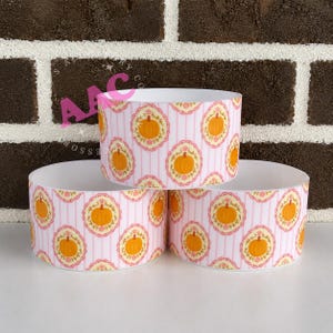 May include: Three cylindrical bands featuring a repeating pattern of orange pumpkins centered within ornate, scalloped cream and pink frames, set against a background of vertical light pink stripes. The text AAC is visible.