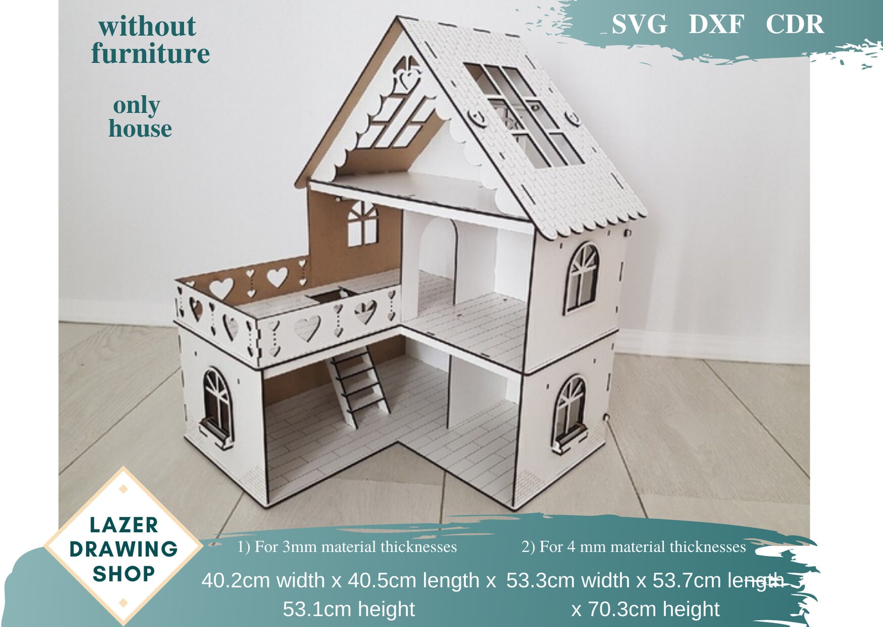 Wood Dollhouse without furniture for 3 mm 4 mm wood Laser Cut Etsy