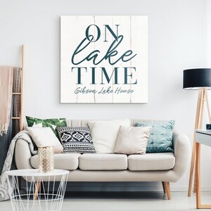 On Lake Time Lakehouse Home Decor, Personalized Wall Art, Lake House Sign, Custom Canvas Artwork, Gift Idea, Rustic Cabin Cottage Decoration image 2