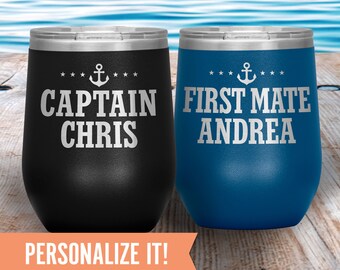 Personalized Captain and First Mate Gift, Custom Boat Tumbler Cup Wine, Lake Vacation Travel Mug, Lake Gift for Men, Women, Couple, Parents