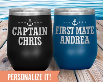 Personalized Captain and First Mate Gift, Pontoon Boat Wine Tumbler, Custom Lake Vacation Travel Mug, Cup for Men, Women, Grandparents