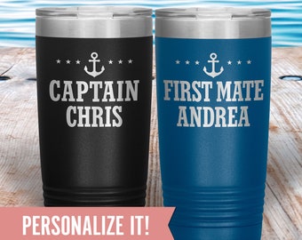 Captain and First Mate Custom 20 oz Tumblers, Funny Lake House Mug, Personalized Pontoon Boat Couples Gift, Men & Women Vacation Travel Cup