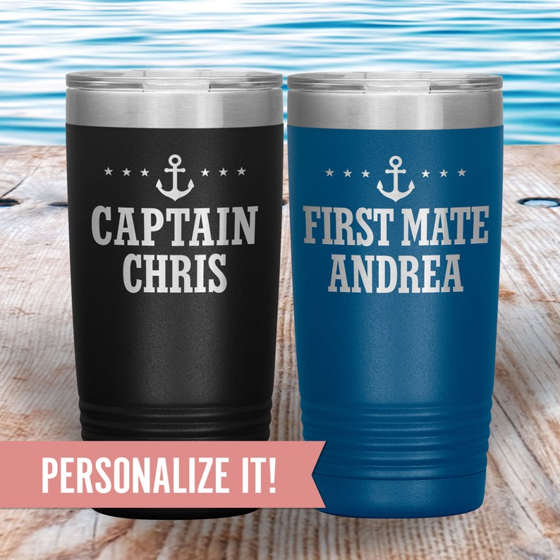 Captain and First Mate Custom 20 oz Tumblers, Funny Lake House Mug, Personalized Pontoon Boat Couples Gift, Men & Women Vacation Travel Cup 