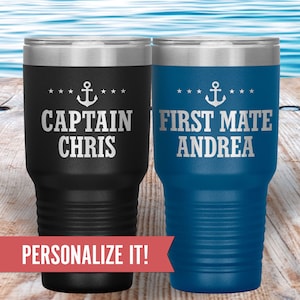 Personalized Captain and First Mate Gift, Custom Boat Tumbler Cup 30 oz, Lake Vacation Travel Mug, Lake Gift for Men, Women, Couple, Parents image 1