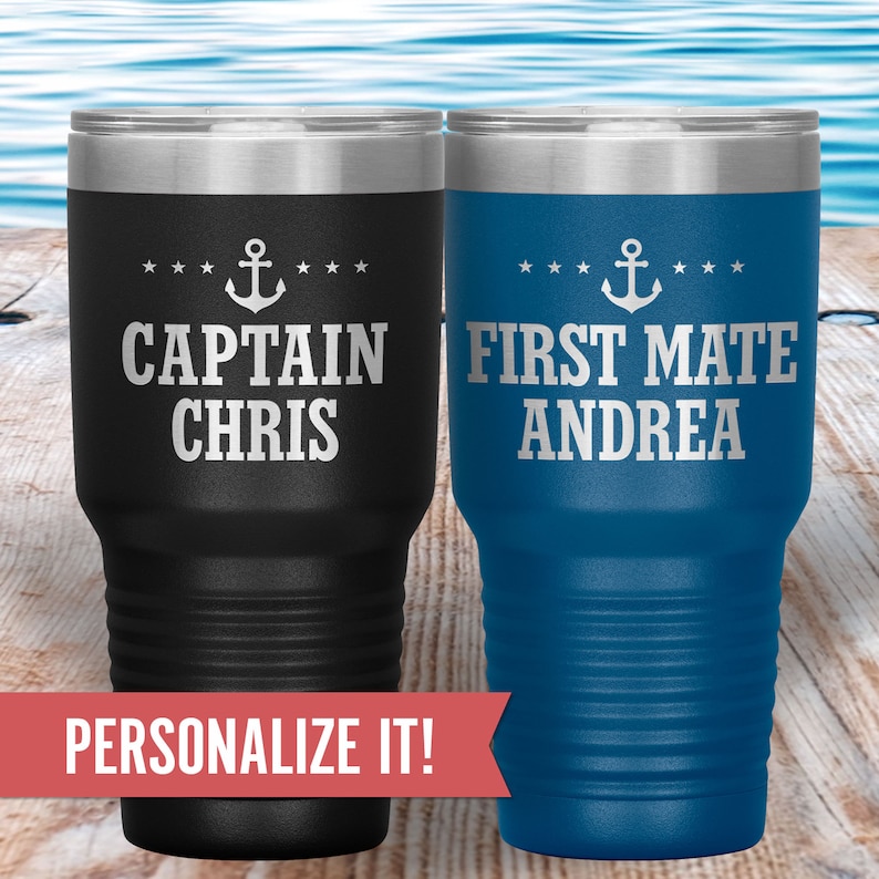 Personalized Captain and First Mate Gift, Custom Boat Tumbler Cup 30 oz, Lake Vacation Travel Mug, Lake Gift for Men, Women, Couple, Parents image 1