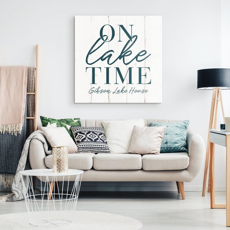 On Lake Time Lakehouse Home Decor, Personalized Wall Art, Lake House Sign, Custom Canvas Artwork, Gift Idea, Rustic Cabin Cottage Decoration image 2