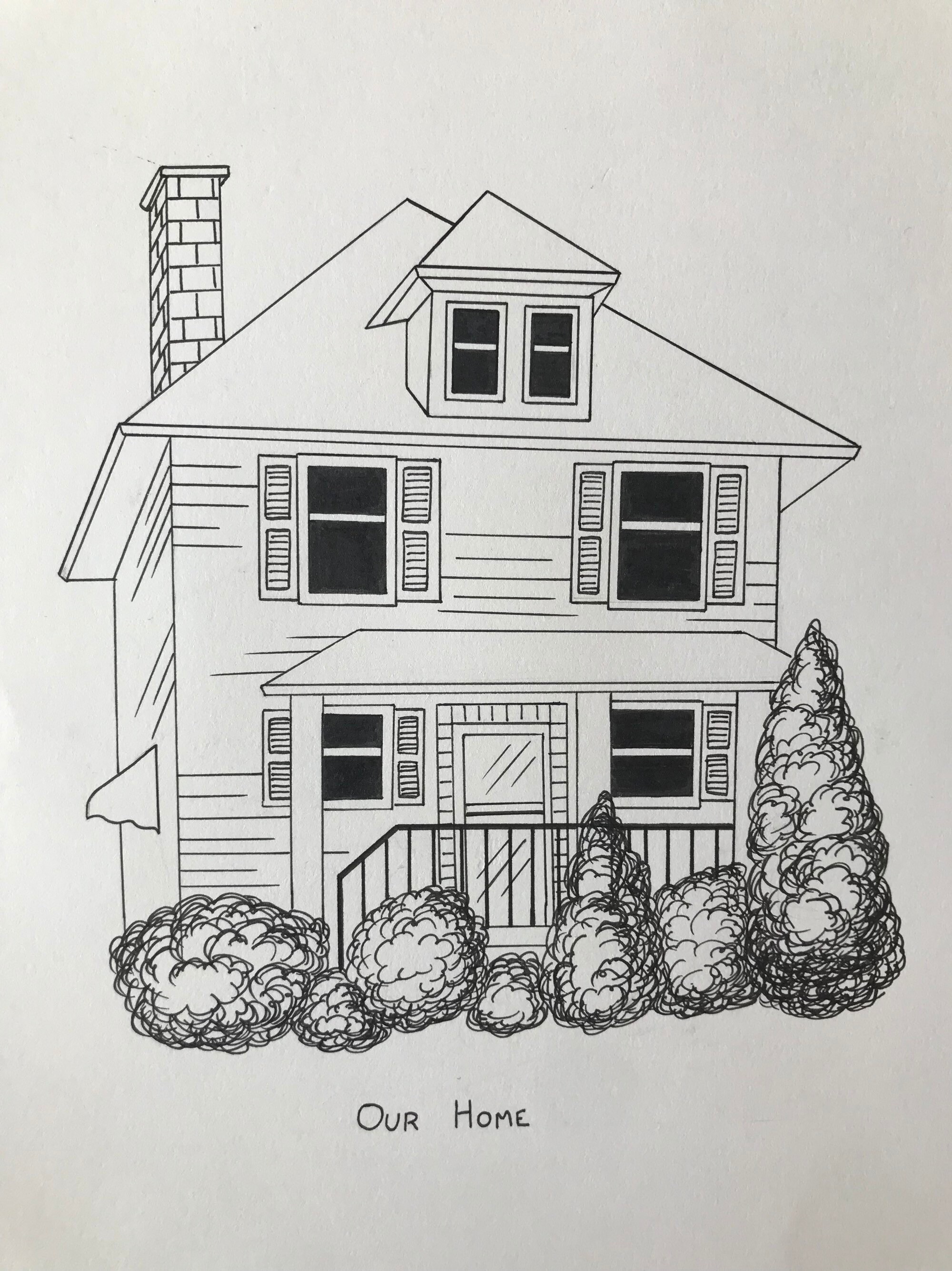 Customizable Ink House Drawing Hand Drawn Art Black and White Home