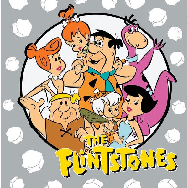 Fred Flintstone, Wilma, Pebbles, BamBam, Barney, Betty Rubble, Fabric Panel 100% Cotton.