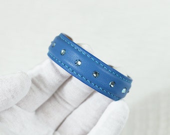 Leather bracelet beaded Swarovski crystals, adjustable blue leather all sizes firm band