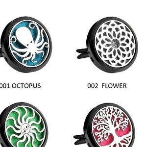 May include: Six different car air freshener designs with various patterns and colors. The designs include an octopus, a flower, clouds, two hearts, a sun, and a tree of life. Each design is in a black metal frame.
