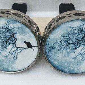 May include: Two silver round car air fresheners with a black cat silhouette sitting on a branch in front of a blue and white moon background.