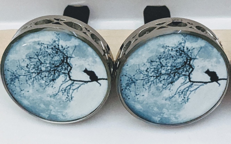 May include: Two silver round car air fresheners with a black cat silhouette sitting on a branch in front of a blue and white moon background.