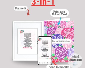 Cartão com poema de agradecimento à mãe - Cartão para impressão para o Dia das Mães - Cartão para o Dia das Mães - Cartão digital - Formato dobrado, cartão postal, moldura ou celular