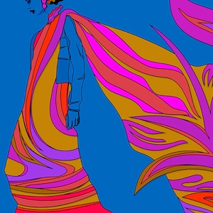 Puede incluir: Una mujer con un sari de rayas coloridas, una chaqueta azul y pendientes florales, se encuentra frente a un fondo azul con un gran dise&ntilde;o de hojas estilizado, morado y naranja.