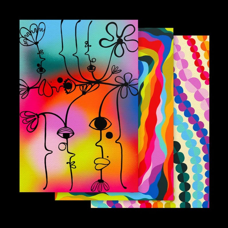 May include: Three colourful abstract art prints with a psychedelic theme. The first print features a black line drawing of faces and flowers on a gradient background of pink, orange, yellow, and blue. The second print features a rainbow wave pattern. The third print features a pattern of colourful circles on a cream background.