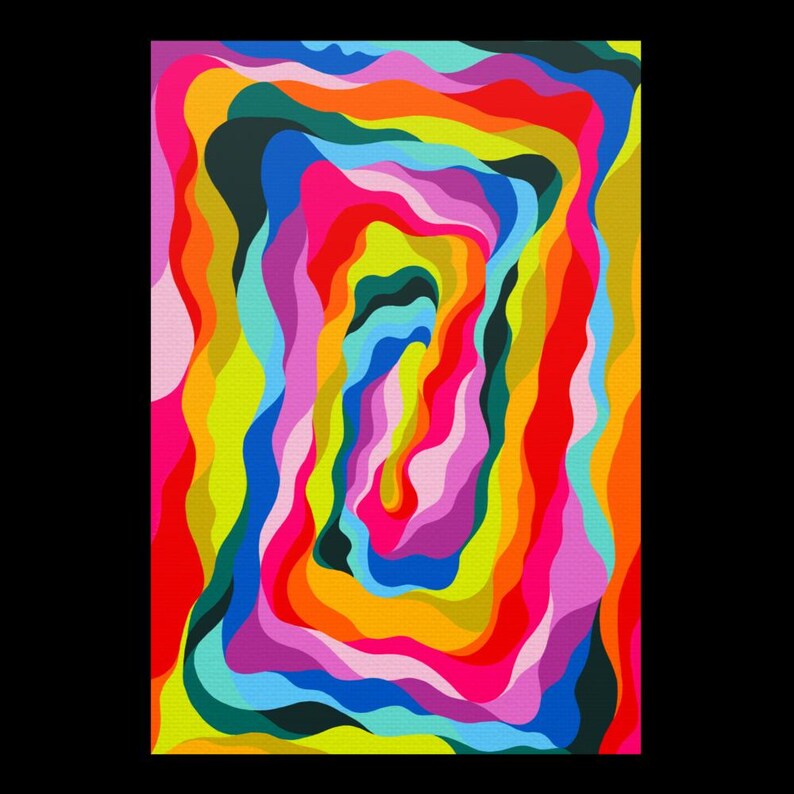 May include: Abstract painting with a colourful, layered design. The painting features a series of concentric circles, each with a different colour. The colours are bright and vibrant, and the overall effect is one of movement and energy.