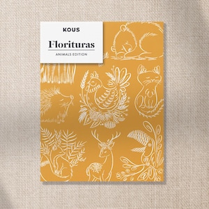 May include: A yellow background with white line drawings of animals including a bear, a cat, a chicken, a hedgehog, a deer, and a toucan. The text "Kous Florituras Animals Edition" is at the top of the image.