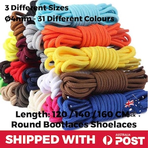 May include: A selection of round shoelaces in 31 different colours. The shoelaces are 4mm thick and come in three lengths: 120cm, 140cm, and 160cm.