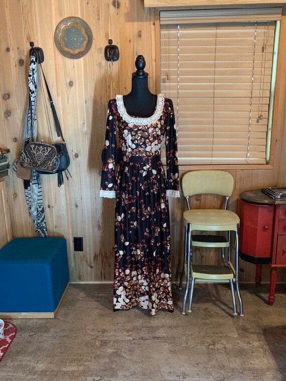 70s Maxi Dress Long Sleeve Chestnut Walnut Red Ber