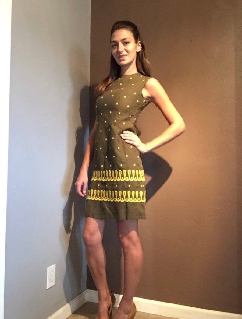 Vintage Homemade Shift Dress Brown with Yellow Polka Dots