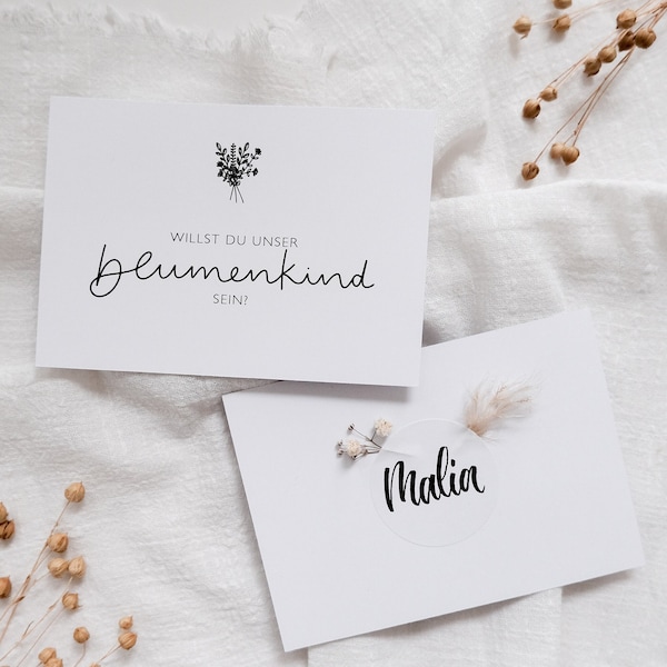 Blumenmädchen Postkarte DIN A6 | personalisiert | Sticker handgeschrieben | Trockenblumen | Blumenkind | Ringträger | Ringträgerin | Weiß