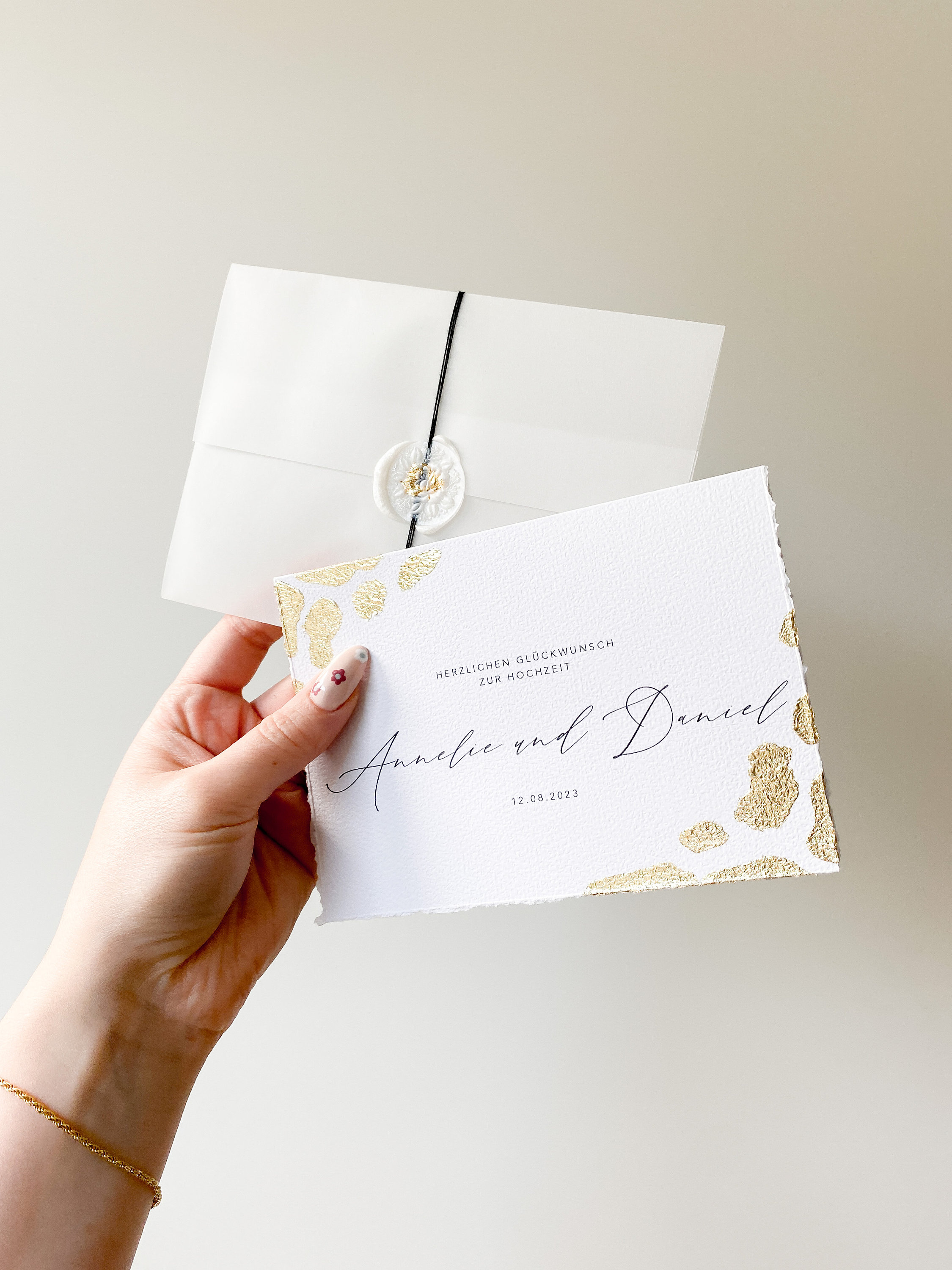 Wedding congratulations card with transparent envelope, ribbon + wax seal | Folding card with finishing