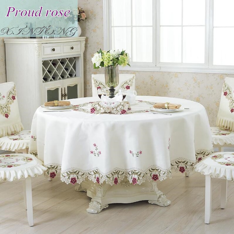 Round Tablecloth Beige Embroidered Tablecloths Table Cover Etsy