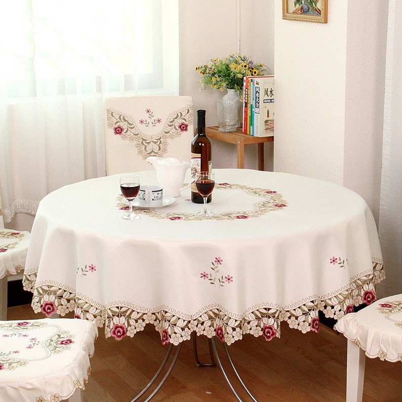 Round Tablecloth Beige Embroidered Tablecloths Table Cover Etsy