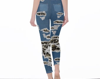 WAVEMAKO Ripped Skull Yoga Pants Denim Stretch Workout Leggings Dark Blue Womens bottoms