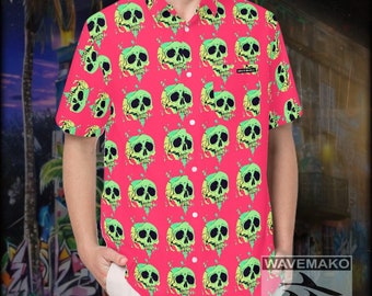 WAVEMAKO Drippy Green Skull Hawwain Shirt Mens Button Up with pocket