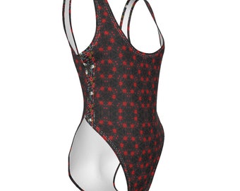 WAVEMAKO Dark Skull Pow Black Red Women's High Cut One-piece Swimsuit