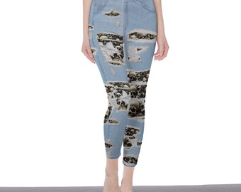 WAVEMAKO Ripped Skulls Yoga Pants Denim Stretch Workout Leggings Blue Womens bottoms