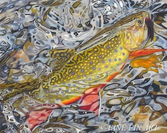 May include: A detailed painting of a brook trout in a stream. The fish has a yellow body with blue and red spots, and orange fins. The water is depicted with swirling patterns of grey, brown, and white, creating a sense of movement. The artist's signature is visible.
