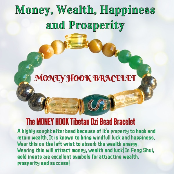 Tibetan Dzi Money Hook Bracelet Wealth Prosperity Abundance Bracelet Tibetan Amulet Money Manifesting Citrine Green Aventurine Pyrite Dzi