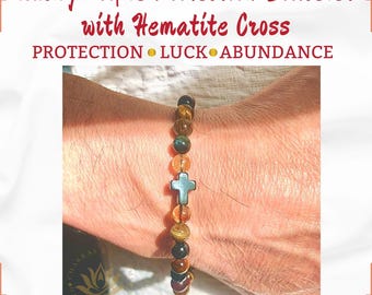 Glücks-Armband mit dreifachem Schutz, Hämatit-Kreuz 6 mm, Tigerauge und Citrin-Chakra Heilung, Armband für Männer, Glaube und spiritueller Schmuck